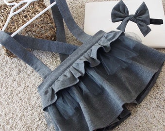 Robe fille enfant en bas âge gris et bandeau, robe Tutu pour enfant en bas âge, robe d’été fille, tenue d’anniversaire, tenue Photoshoot, robe Photoshoot