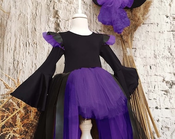 Toddler Witch Costume & Hat: Gothic Tulle Dress, Halloween Outfit / Express Shipping