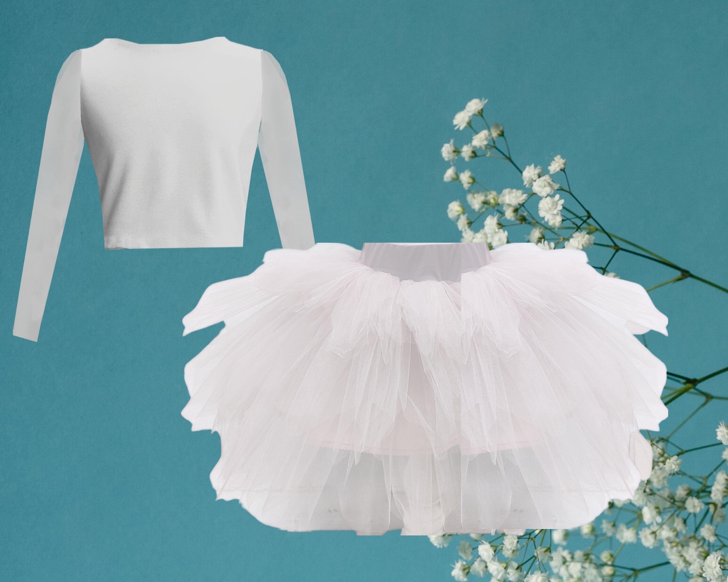 Girls' White Tulle Skirt Set: Long-sleeve Crop Top, Birthday Dress