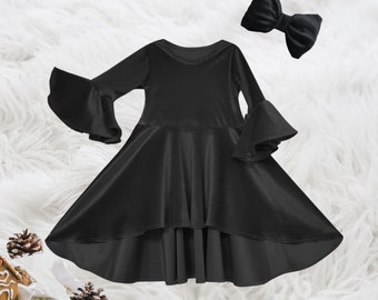 Robe d'hiver asymétrique en velours noir pour fille, robe d'anniversaire de fille noire, adoptez la saison avec cette petite robe cercle noire