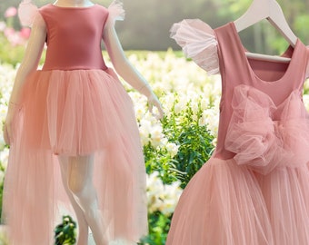 Dusty Pink Tulle Dress: Asymmetrical Flower Girl Party Dress