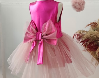 Hot Pink Girl Dress, Todler Birthday Tutu Dress and Headband, Girl's Birthday Dress, Photoshoot Outfit, Pink Photoshoot Dress