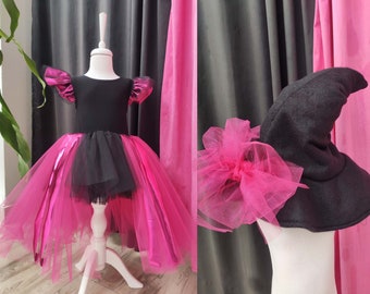 Toddler Hot Pink Witch Costume: Tulle Dress & Hat / Express Shipping
