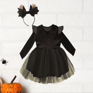 Toddler Velvet Witch Costume Dress with Bat Headband / Express Shipping