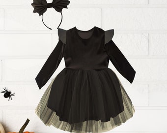 Toddler Velvet Witch Costume Dress with Bat Headband / Express Shipping