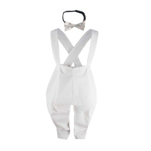 White Toddler Pants Bow Tie, Boys Wedding Clothes, Summer Wedding Outfit, Boys Suspender Pants, Ring Bearer Pants, Toddler Birthday Outfit