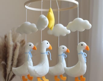 Duck & Goose Baby Mobile: Handmade Felt Nursery For Crib Decoration With Clouds And Star