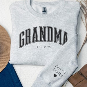 Personalized Grandma Sweatshirt, Custom Grandmother Hoodie With Grandchildren Names On Sleeve, New Nana Outfit, Announcement Clothing Gifts