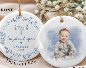 Custom Baby Photo Baptism Ornament, God Bless Christening Ornament Gift, Custom Baptized Keepsake with Name and Date