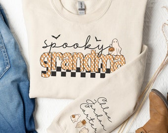 Custom Halloween Grandma Ghost Sweatshirt, Grandma And Grandkids Halloween Sweatshirt, Grandma Shirt With Name On Sleeve, Mom Halloween Gift