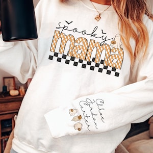 Custom Halloween Spooky Mama Sweatshirt with Kids Name on Sleeve Sweatshirt, Mama Halloween Gift, Mama Halloween Hoodie, Custom Mama Gift
