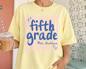 Comfort Colors Custom Fifth Grade Teacher Shirt, Striped 5th Grade, Personalized 5th Grade Team Tee, Grade Level Teacher Shirt