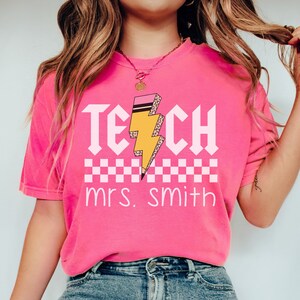 Custom Teacher Name Shirt, Personalized Comfort Colors Pencil Teacher Tee, Retro Teacher Pencil TShirt, Gift for Teacher, Back to School