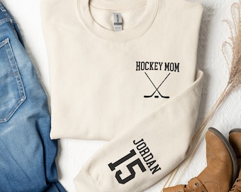 Custom Hockey Mom Sweatshirt with Name on Sleeve, Ice Hockey Mama Sweater, Personalized Hockey Mom Sweatshirt, Custom Hockey Mom Gift