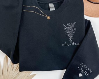 Custom Auntie Sweatshirt with Children Name on Sleeve, Auntie Floral Sweatshirt, Personalized Aunt Hoodie, Aunt Sweater, New Auntie Gift
