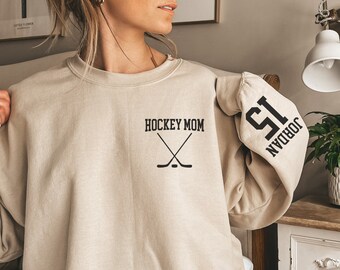 Custom Hockey Mom Sweatshirt with Name on Sleeve, Ice Hockey Mama Sweater, Personalized Hockey Mom Sweatshirt, Custom Hockey Mom Gift