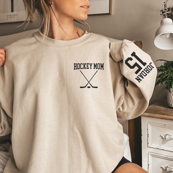 Custom Hockey Mom Sweatshirt with Name on Sleeve, Ice Hockey Mama Sweater, Personalized Hockey Mom Sweatshirt, Custom Hockey Mom Gift