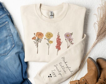 Personalized Mama Sweatshirt with Kid Names on Sleeve, Birth Month Flower Gift for Grandma, Custom Birth Month Sweatshirt Gift for Her