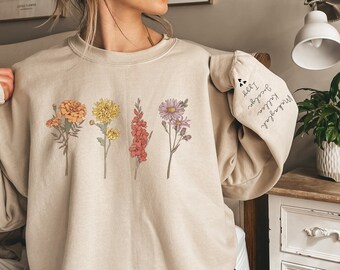 Personalized Mama Sweatshirt with Kid Names on Sleeve, Birth Month Flower Gift for Grandma, Custom Birth Month Sweatshirt Gift for Her