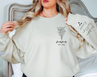 Personalized Mama Sweatshirt with Kid Names on Sleeve, Custom Momma Sweater, Est Date Mom Sweatshirt, Christmas Gift for Mom
