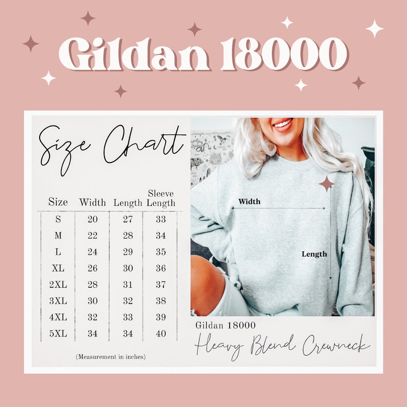 May include: Size chart for Gildan 18000 Heavy Blend Crewneck sweatshirts. The chart shows measurements in inches for width, length, and sleeve length for sizes S through 5XL.