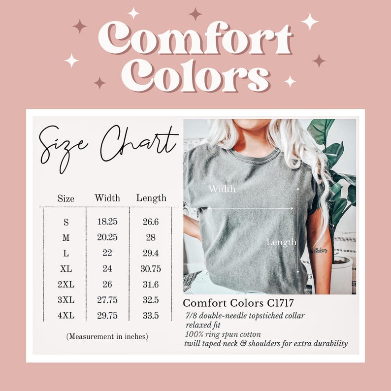 Puede incluir: Tabla de tallas para camisetas Comfort Colors, con medidas en pulgadas. La tabla enumera las tallas S a 4XL, con las dimensiones correspondientes de ancho y largo. La imagen tambi&eacute;n muestra a una persona que lleva una camiseta gris, e incluye el texto "Comfort Colors".