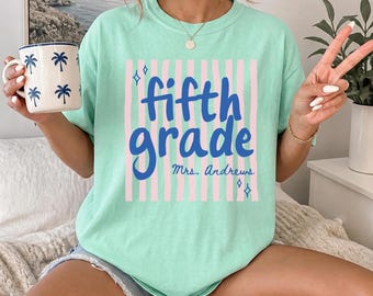 Comfort Colors Custom Fifth Grade Teacher Shirt, Striped 5th Grade, Personalized 5th Grade Team Tee, Grade Level Teacher Shirt