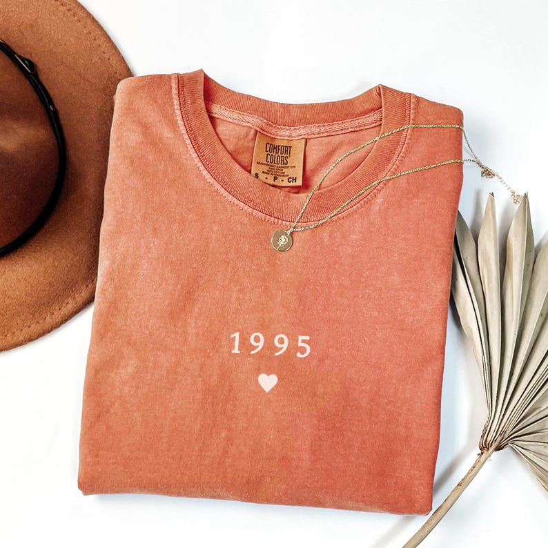 May include: A terracotta-colored t-shirt with the year 1995 and a small white heart printed on the front. The shirt is made by Comfort Colors.