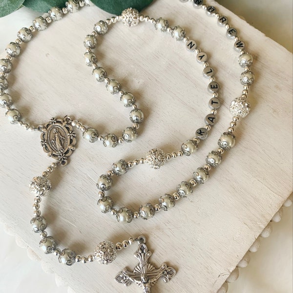 Bridal Crystal and Pearl Cap Custom Rosary | Handmade Catholic Gift |