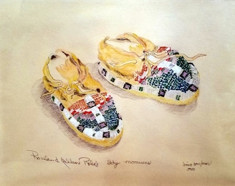 Gouache & Pencil Drawing "Rosebud Yellow Robe Baby Moccasins" 1980 by Diane Kaufman
