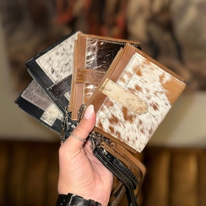 Portafoglio in pelle di vacchetta, con marchio, porta carte di credito, portafoglio in pelle di vacchetta con pelo su pelle, portachiavi western, portafoglio in vera pelle, marrone cognac, regali