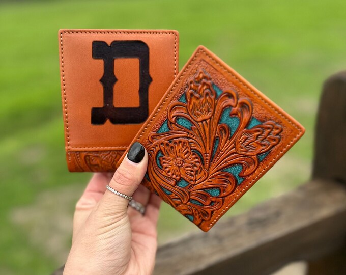 Leather Wallet, Tooled Leather Wallet, Western Wallet, Personalized Gift, Turquoise Wallet, Cowboy Wallet, Rodeo Wallet, Floral Leather