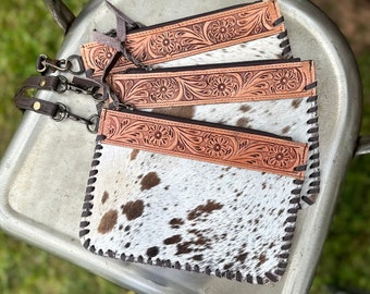 Cowhide Wristler, Personalized Gift, Tooled Leather Wristlet, Cowhide and Leather Accessory Pouch, Western Wristlet, Leather Clutch, Custom