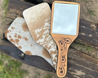 Cowhide Mirror, Western Mirror, Cowgirl Mirror, Western Makeup, Tooled Leather Mirror, Hand Mirror, Personalized Gift, Western Accessories