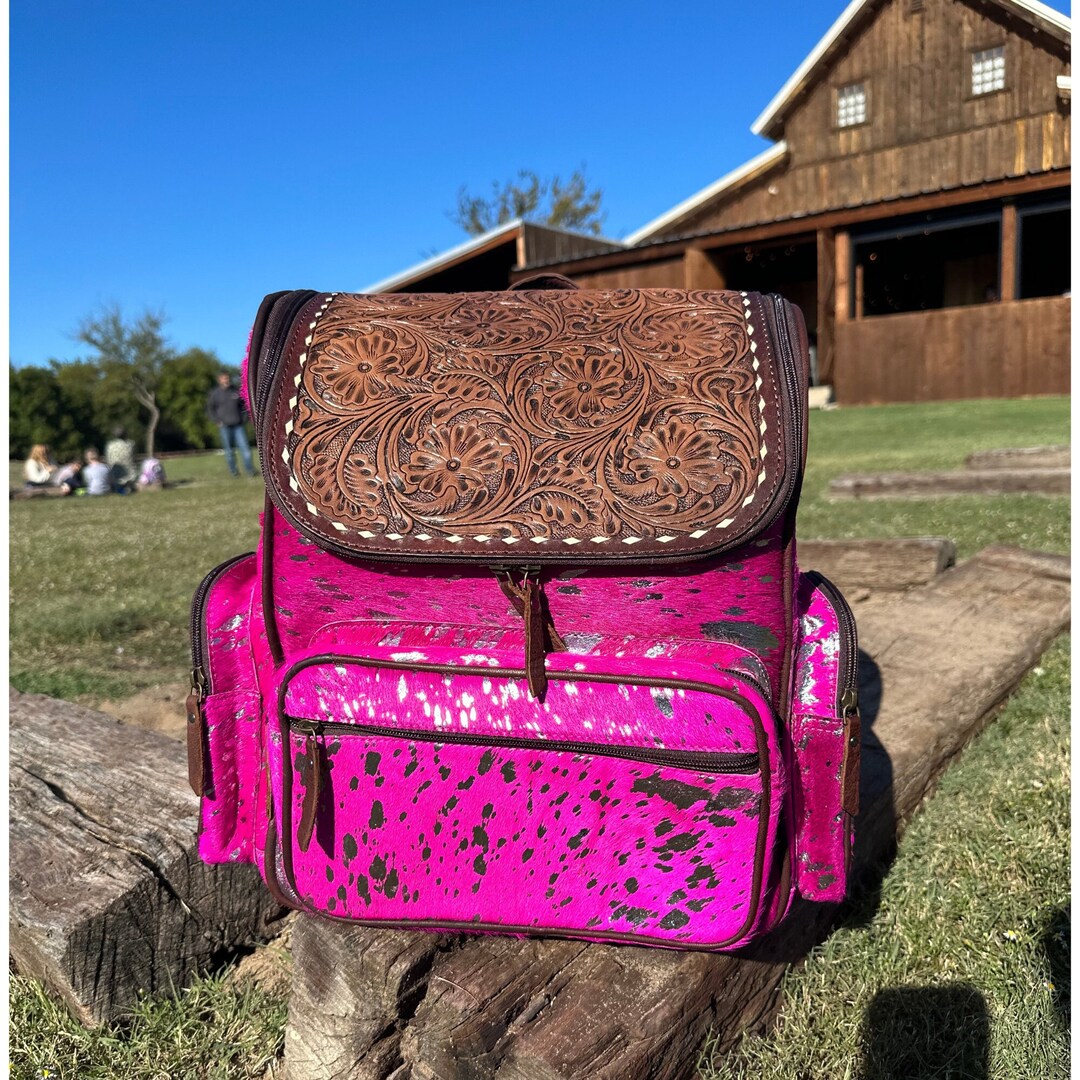 Cowhide Backpack, Pink Cowhide Backpack, Leather Backpack, Western