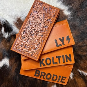 Tooled Leather Bi-Fold Wallet: Personalized Western Cowboy Checkbook, Custom Wallet