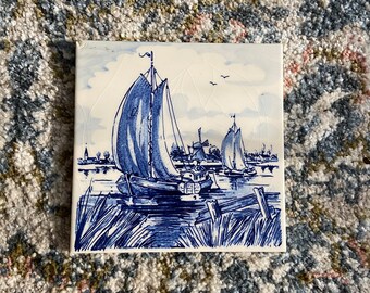 Blauw Delft Distel Handpainted in Holland Ship Tile