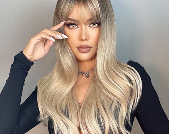 Long Dark Rooted Blonde Natural Wavy Ombré Wig With Bangs/ Natural Look Hair/ Heat Resistant Synthetic Wig/ Fashion Wig/ Styled wig