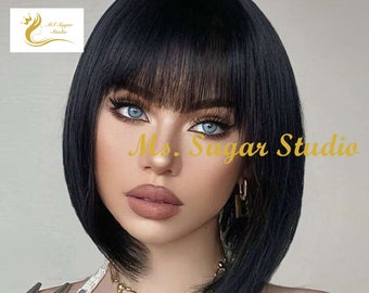 Short Dark Rooted Blond Bob Wig With Bangs/ Fashion Blonde Ombré Wig/ Natural Look Hair/ Heat Resistant Synthetic Wig/ Party Wig/ Styled Wig