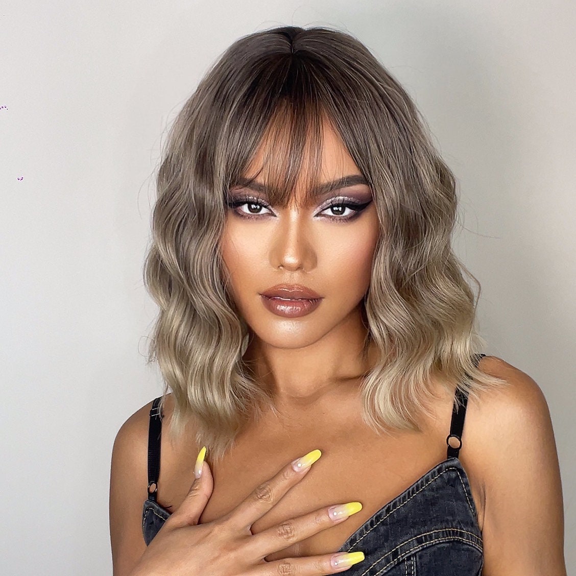 Dark Root Blonde Gradient Water Wavy Ombre Wigs With Bangs for - Etsy