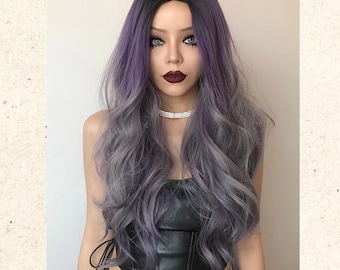 24“ Ash Purple/gray Medium Split Natural Wavy Ombre Wigs/ Long Synthetic Purple Wig/ Heat Resistant Wig/ Cosplay Wig/ Party Wig/Colorful wig