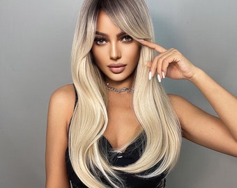 Long Dark Rooted Blonde Side Parted Natural Straight Ombré Wig/ Natural Look Hair/ Heat Resistant Synthetic Wig/ Fashion Wig/ Styled Wigs