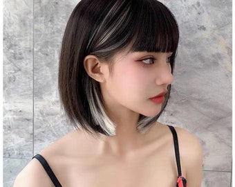 Black Ear-Dyeing Blonde Short Straight Bob Wig with Bangs/ Two layers Wig/ Short Hair/ Heat Resistant Wig/ Wig for woman/ Fashion Wig