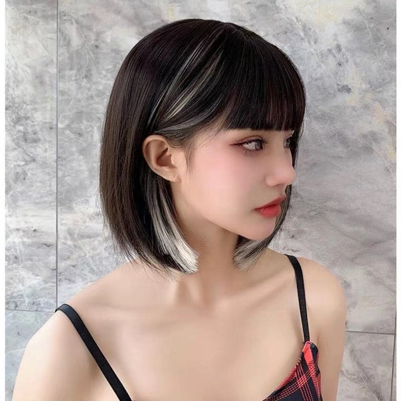 Black Ear dyeing Blonde Short Straight Bob Wig With Bangs Two
