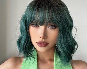 Short Dark Root Green Gradient Nature Wavy Bob Ombre Wigs with bangs for Women/ Natural Look Hair/ Heat Resistant Synthetic wig/ Fashion wig