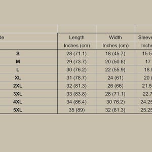 Puede incluir: Tabla de tallas para ropa con medidas en pulgadas y cent&iacute;metros. La tabla muestra las tallas de la S a la 5XL con las medidas de longitud, ancho y manga correspondientes.