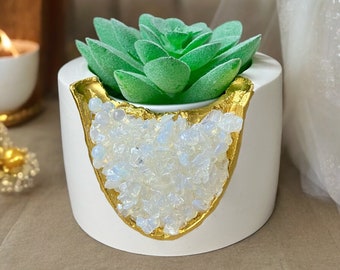 Opalite Crystal Plant Pot with Gold Trim