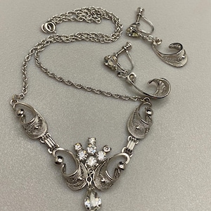 Vintage signiert Am Lee Sterling Silber Filagree Strass Halskette & Ohrringe Set