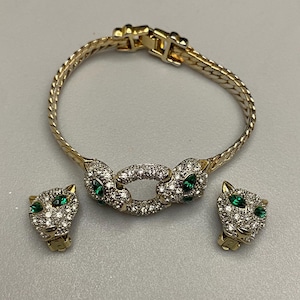 Vintage PAVE Rhinestone Green Crystal Panther Jaguar Animal Bracelet & Clip Earrings Matching Set