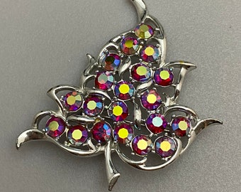 Vintage Firmato SARAH COV Designer Rosso rosa AB Cristallo Strass Spilla Pendente Argento Tono 